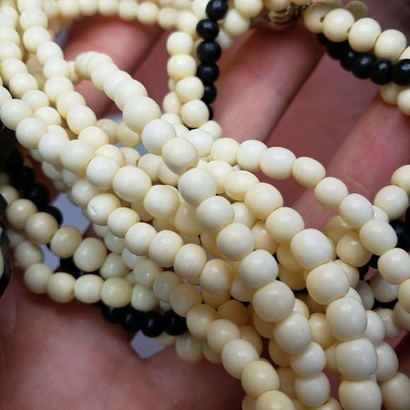 Mother of Pearl & Bone Bead Statement Necklace Black White Multi Strand Necklace - Picture 10 of 12